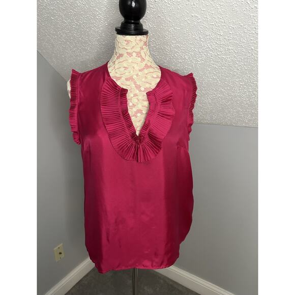 NWT J. Crew 100% Silk Ruffle Neck Sleeveless Top Slit V Neck Hot Pink Sz 12 - Picture 1 of 10
